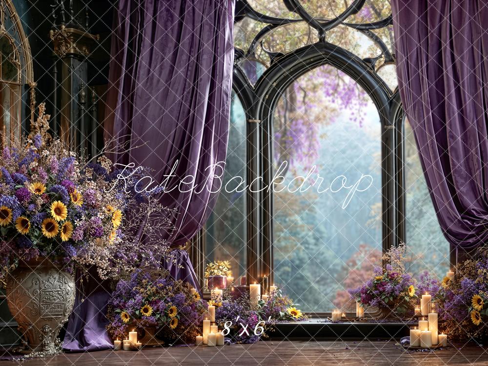Kate Romantic Window Purple Curtains Floral Arch Candles Backdrop Designed by Emetselch