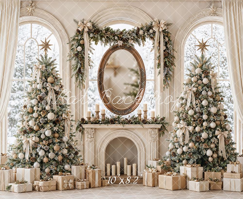 Kate Christmas Vintage Fireplace Window Christmas Tree Gifts Printed Backdrop Designed by Emetselch