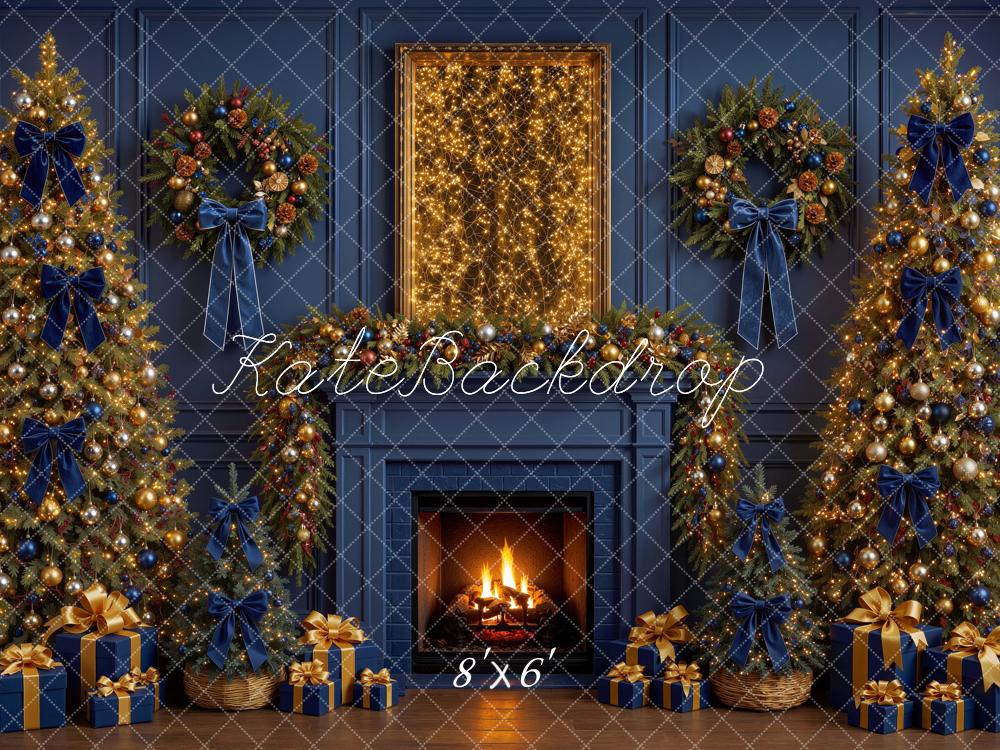 Kate Christmas Blue Bow Gold Trees Fireplace Wreath Printed Backdrop Designed by Mini MakeBelieve