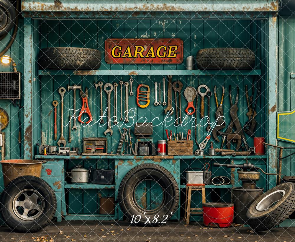 Kate Industrial Vintage Garage Tools Tire Backdrop Designed by Emetselch