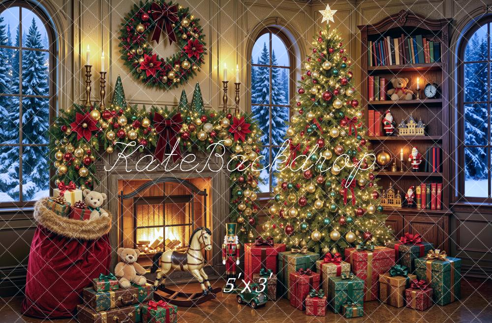 Kate Christmas Fireplace Tree Bookshelf Gifts Printed Backdrop Designed by Mini MakeBelieve