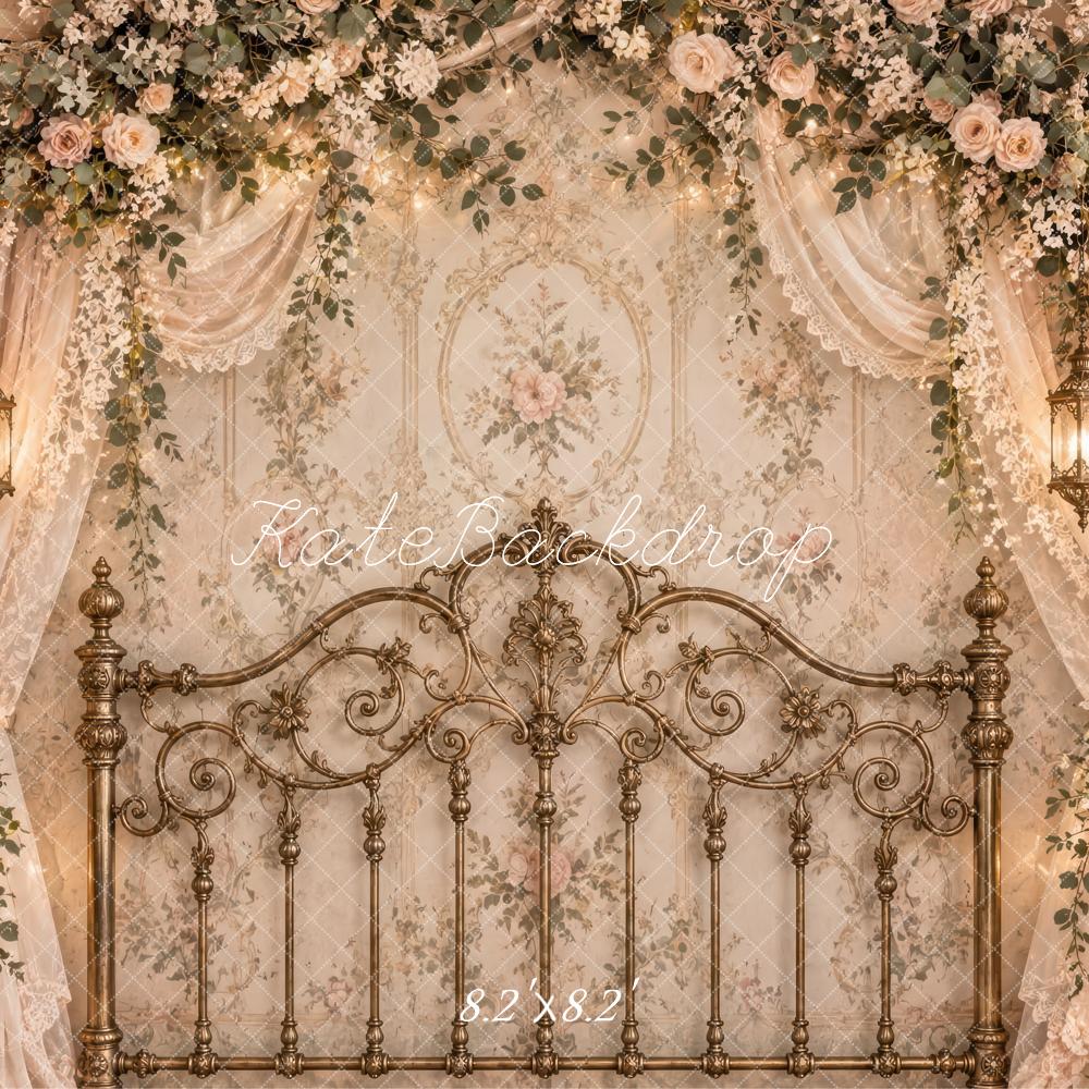 Kate Spring Romantic Brass Headboard Beige Flower Lace Drapes Printed Backdrop Designed by Laura Bybee