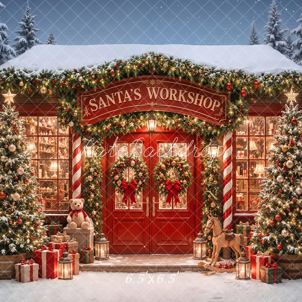 Kate Christmas Santa's Workshop Red Door Trees Presents Printed Backdrop Designed by Emetselch