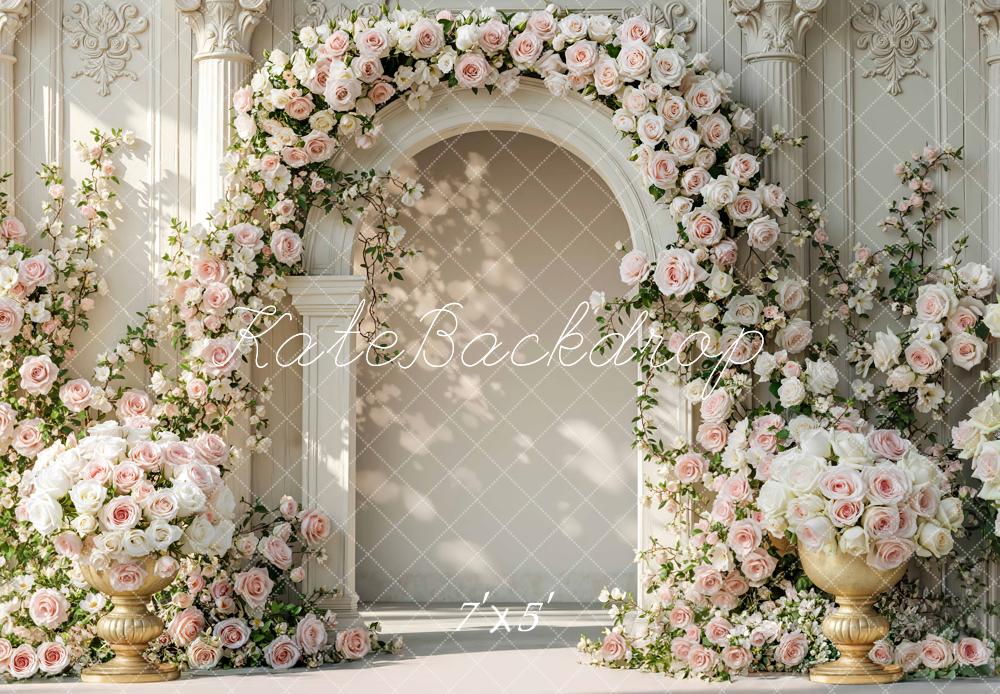 Kate Spring Flower Arch Pink White Roses Ornate Columns Backdrop Designed by Mini MakeBelieve