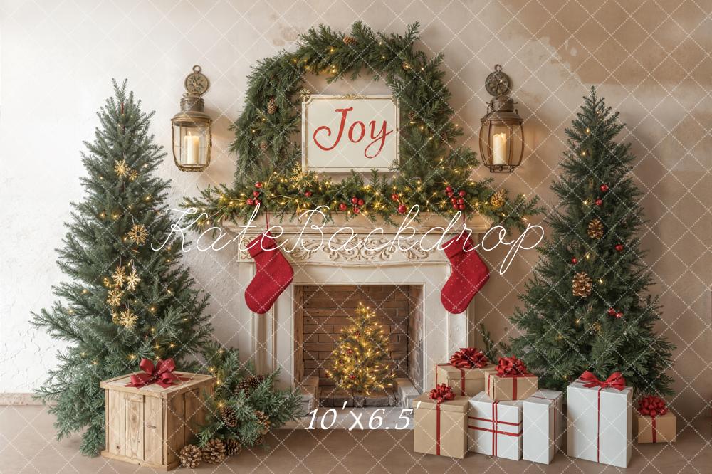 Kate Christmas Tree Fireplace Joy Gifts White Backdrop Designed by Emetselch
