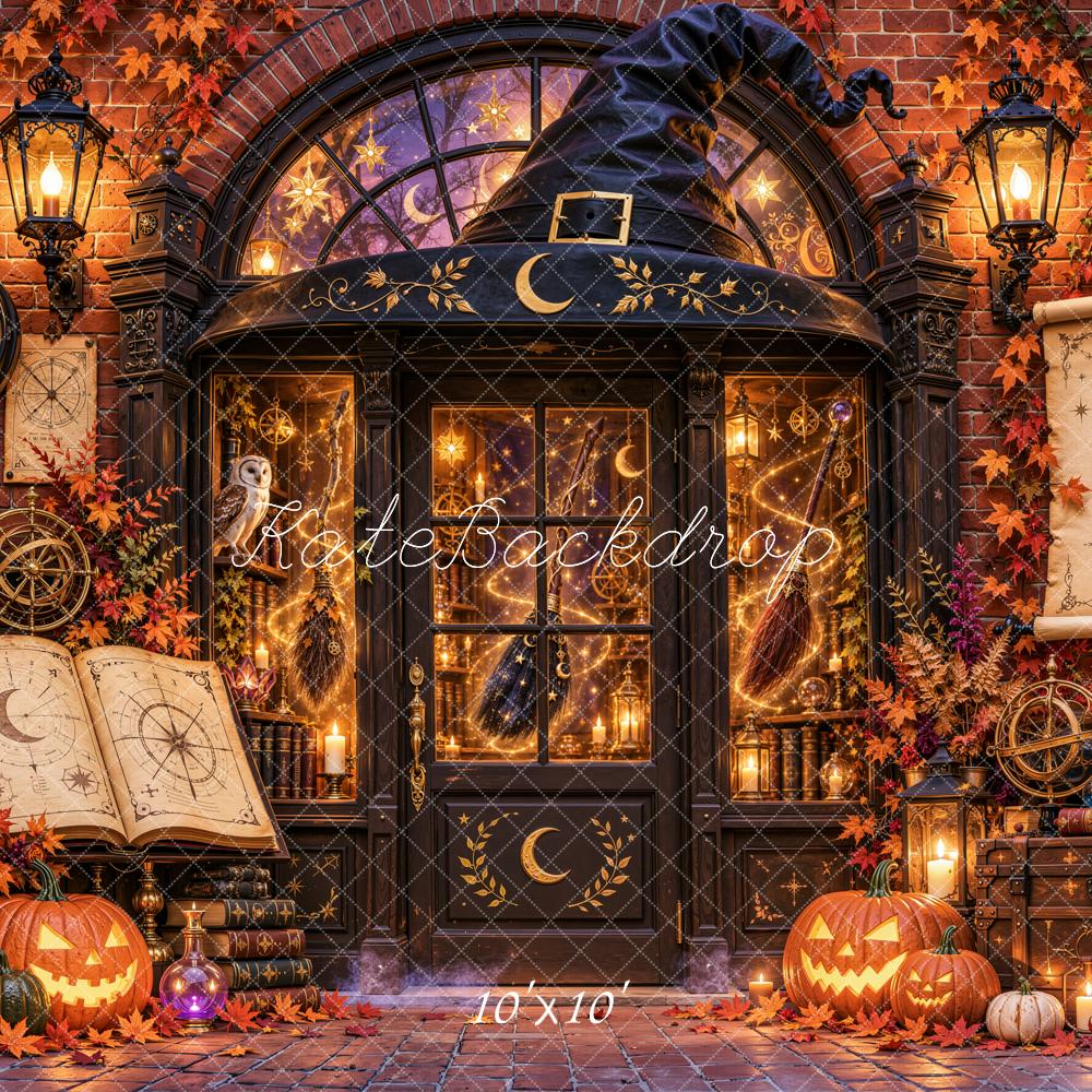 Kate Halloween Magical Apothecary Pumpkin Clock Library Printed Backdrop Designed by Emetselch