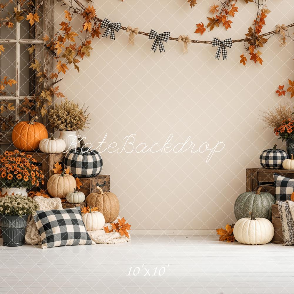 Kate Fall Beige Pumpkin Rustic Plaid Garland Printed Backdrop Designed by Shutter Swan Studios