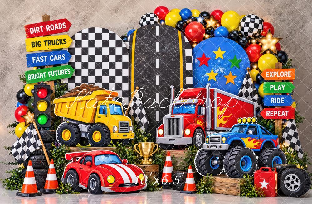 Kate Cake Smash All the Trucks Racing Cars Boys Printed Backdrop Designed by Laura Bybee