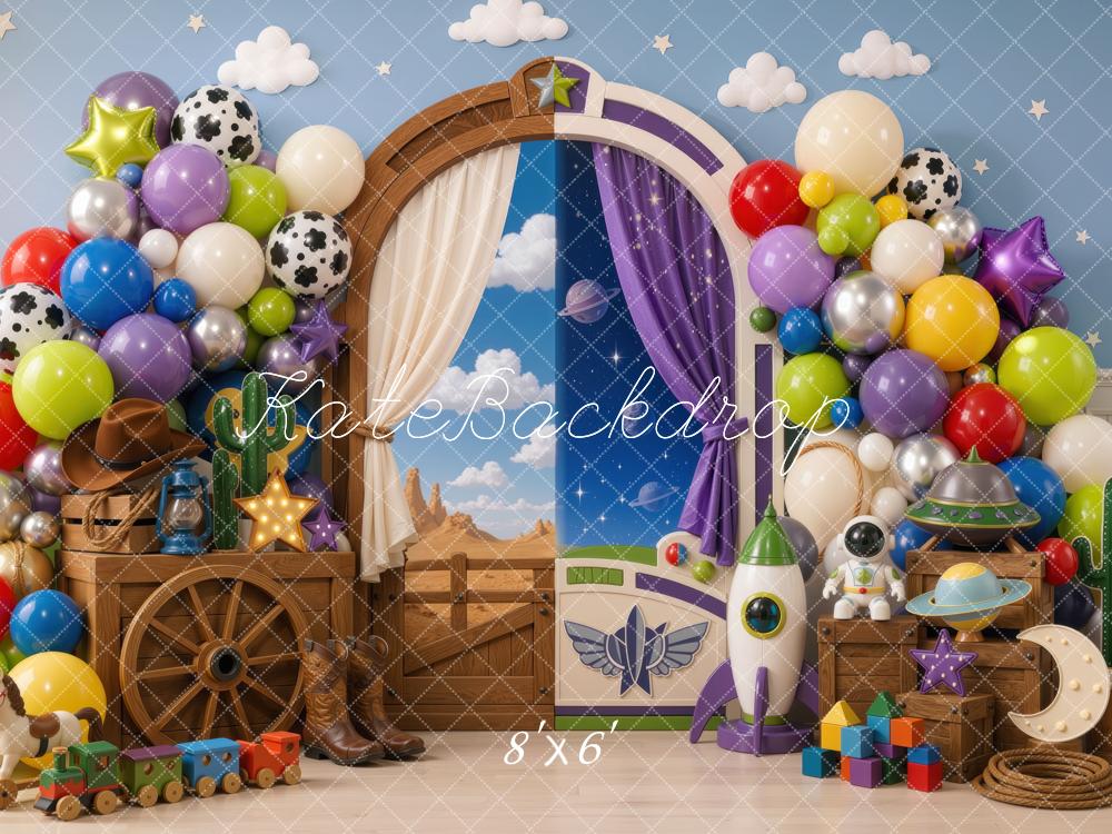 Kate Cake Smash Cowboy And Space Toys Balloon Arch Blue Wall Printed Backdrop Designed by Mini MakeBelieve