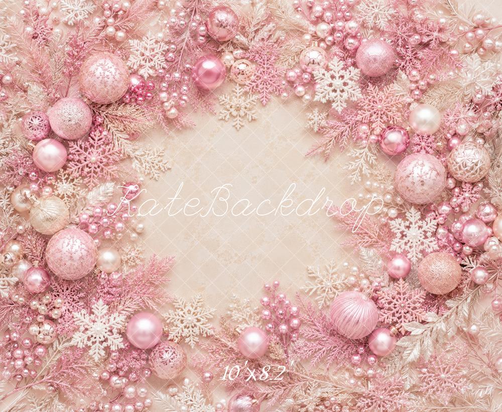 Kate Christmas Pink Ornaments Snowflakes Wreath Printed Backdrop Designed by Megan Leigh Photography