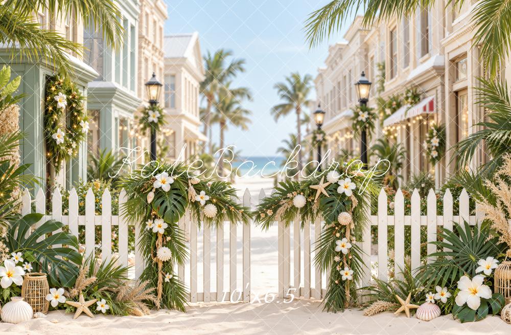 Kate Beach Coastal Resort Tropical Street Flower Fence Printed Backdrop Designed by Emetselch