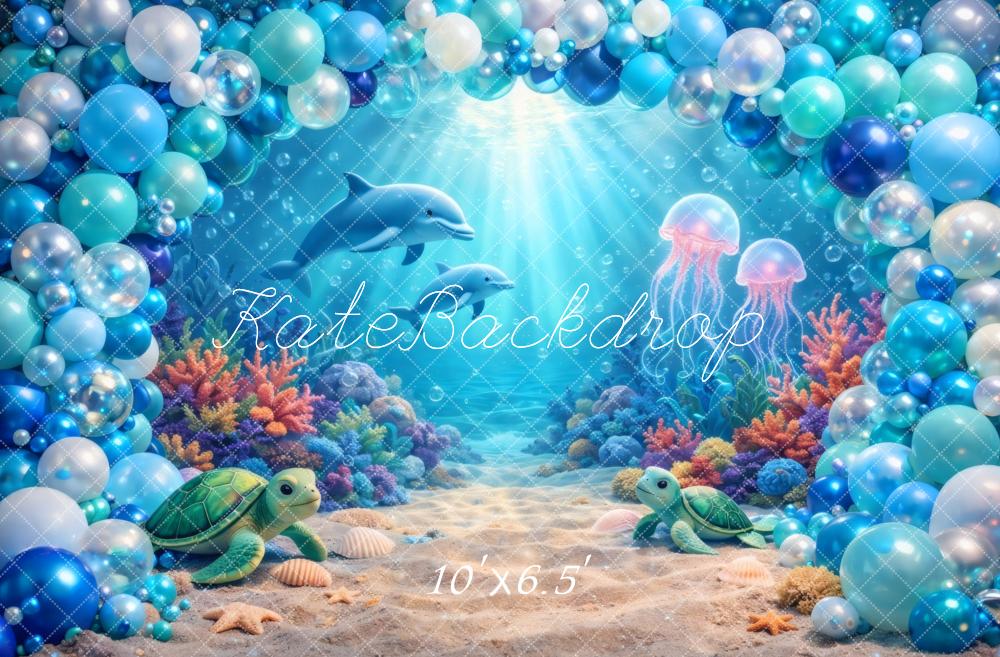 Kate Underwater Balloon Arch Turtles Dolphins Jellyfish Coral Printed Backdrop Designed by Vertigo Productions