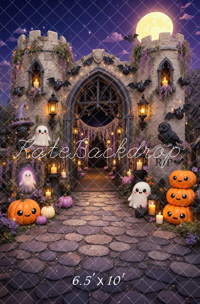 Kate Halloween Trunk or Treat Cute Castle Ghosts Pumpkins Bats Printed Backdrop Designed by Mini MakeBelieve