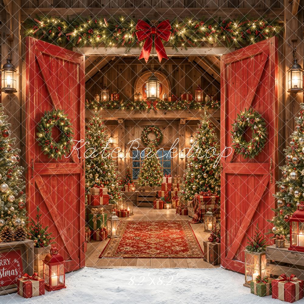 Kate Christmas Barn Red Doors Christmas Trees Presents Lanterns Printed Backdrop Designed by Emetselch