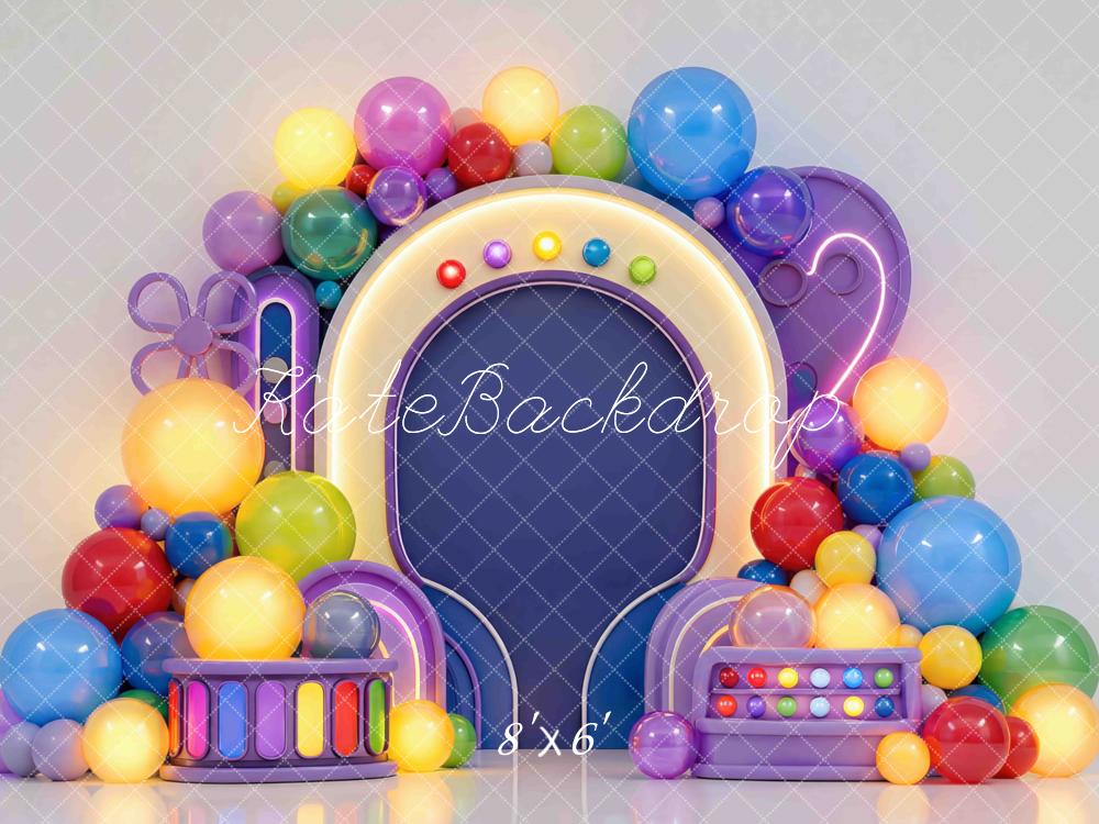 Kate Cake Smash Colorful Balloon Arch Round Frame Printed Backdrop Designed by Mini MakeBelieve