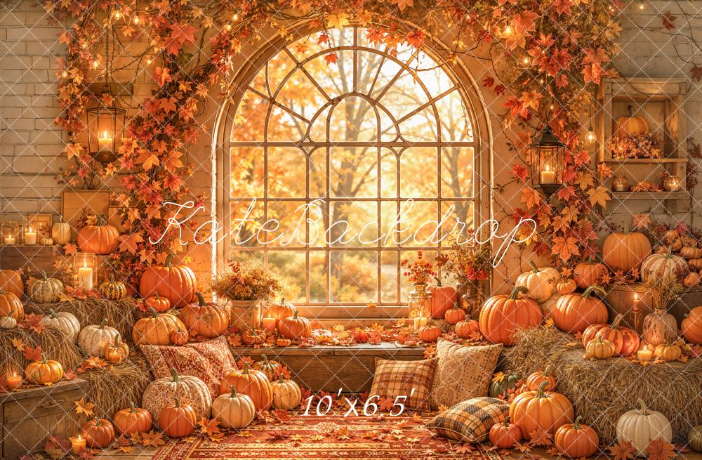 Kate Fall Pumpkins Window Arch Maple Leaves Printed Backdrop Designed by Emetselch