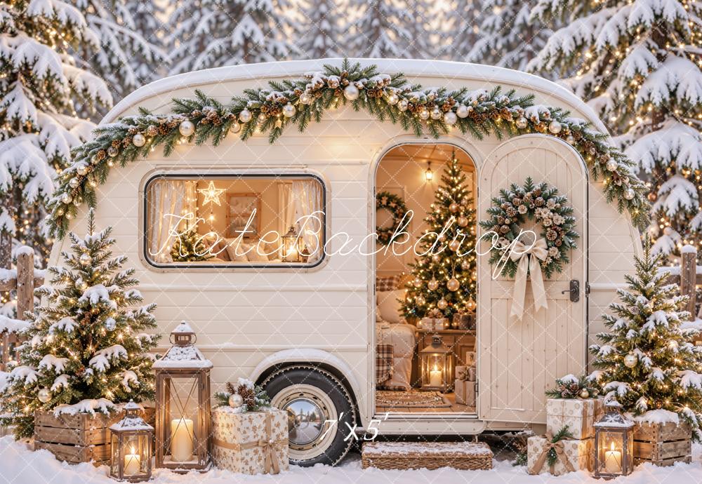 Kate Christmas Snowy White Camper Garland Gifts Forest Printed Backdrop Designed by Emetselch