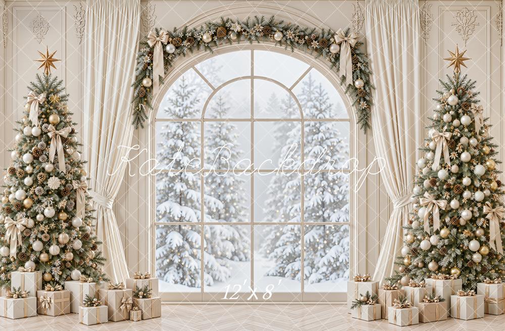 Kate Christmas Window Trees And Gifts Printed Backdrop Designed by Emetselch