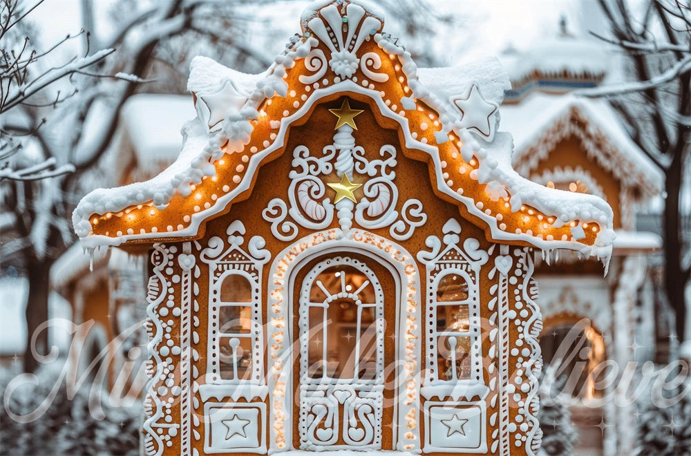 Kate Christmas Outdoor Forest Vintage Gingerbread Cottage Backdrop Designed by Mini MakeBelieve