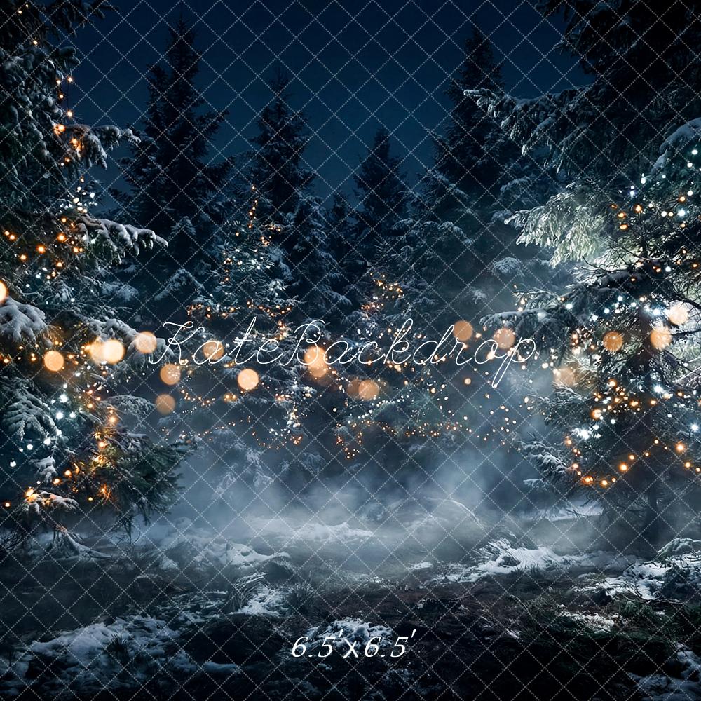 Kate Christmas Snowy Forest String Lights Night Printed Backdrop Designed by Happy Squirrel Design