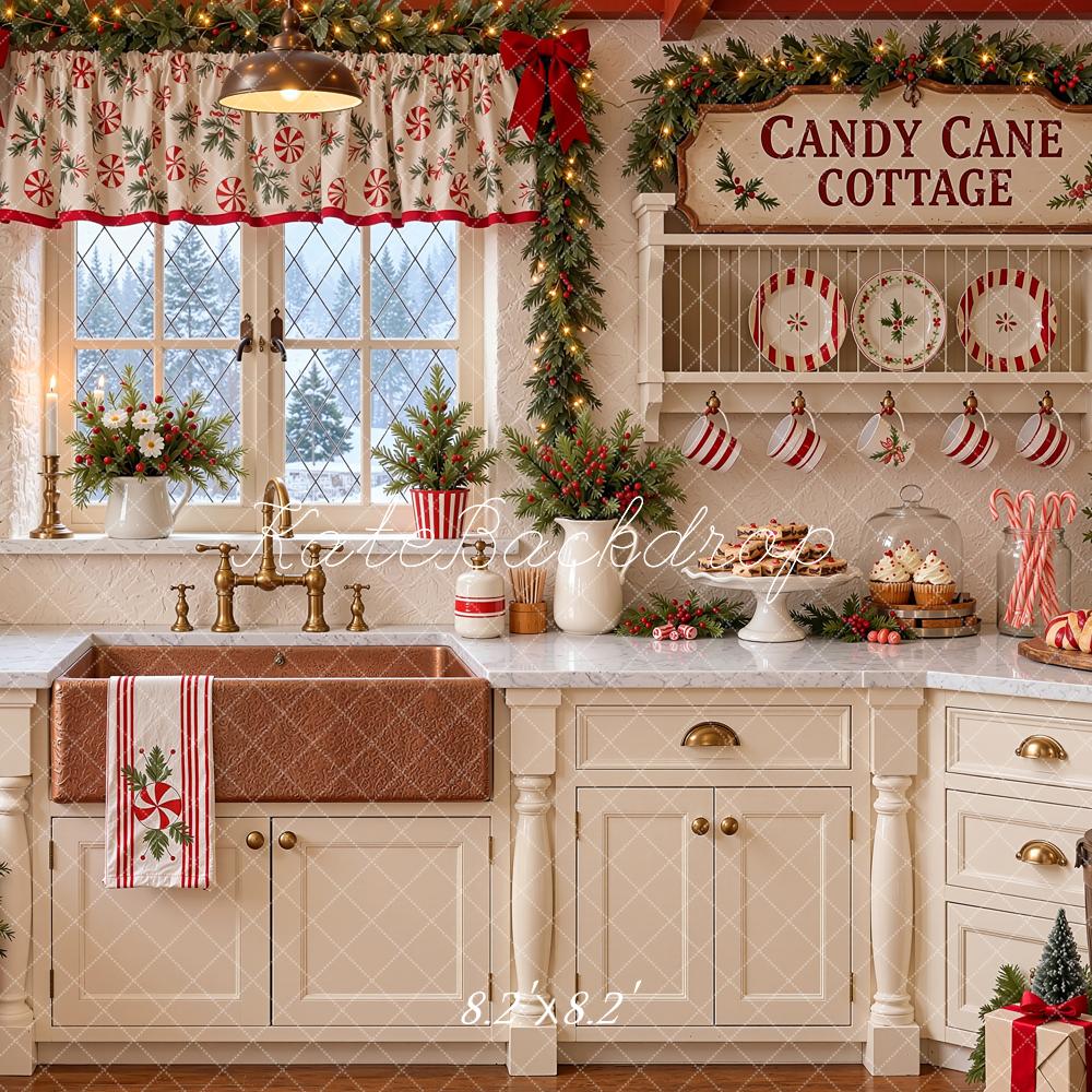 Kate Christmas Kitchen Cottage Candy Cane Rustic Window White Printed Backdrop Designed by Shutter Swan Studios