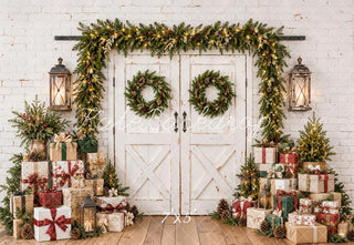 Kate Christmas White Rustic Barn Door Garland Gift Boxes Printed Backdrop Designed by Emetselch