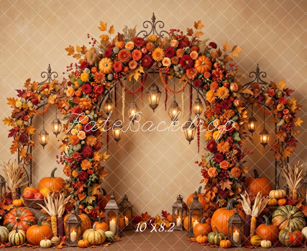 Kate Fall Flower Arch Pumpkins Hanging Lanterns Printed Backdrop Designed by Patty Roberts