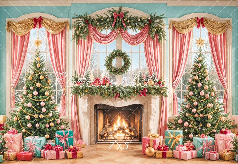 Kate Christmas Tree Fireplace Window Pink Curtains Backdrop Designed by Emetselch