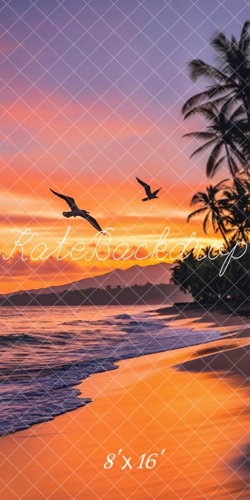 Kate Summer Tropical Sunset Beach Palm Trees Seagulls Backdrop Designed by Emetselch