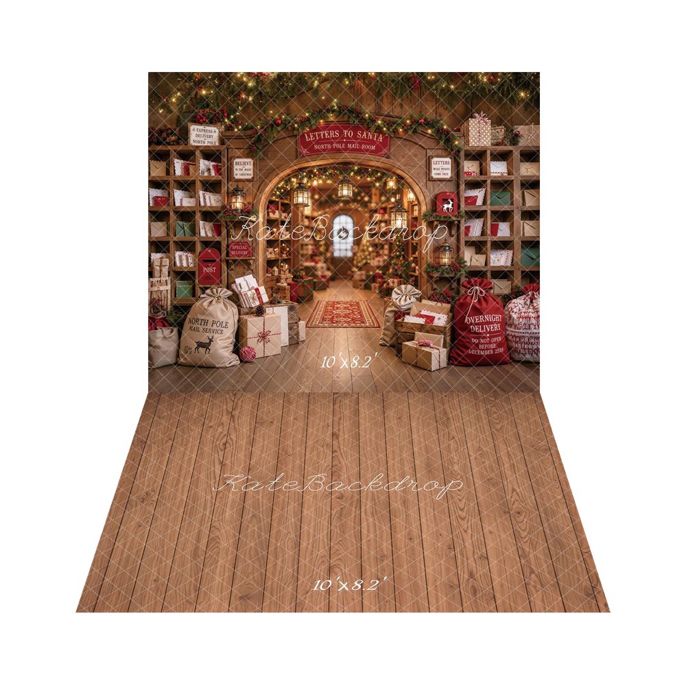 Kate Christmas Mail Room Letters to Santa Workshop Printed Backdrop+Brown Wood Plank Retro Wall Printed Backdrop