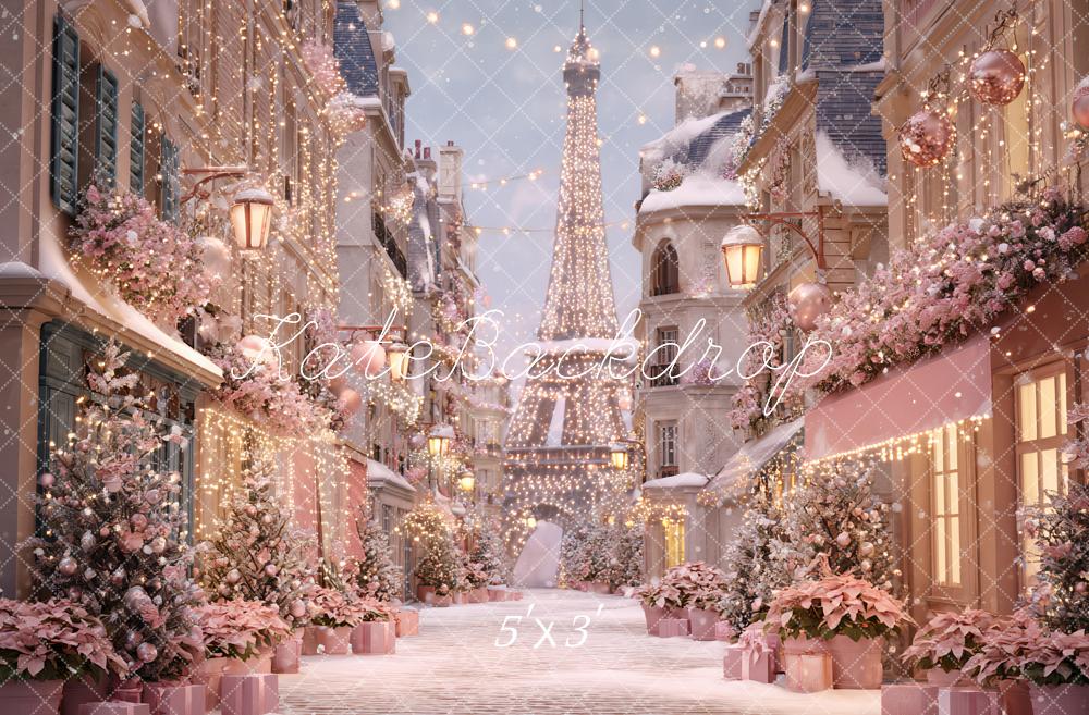 Kate Christmas Paris Eiffel Tower Pink Floral Snowy Street Backdrop Designed by Ashley Paul