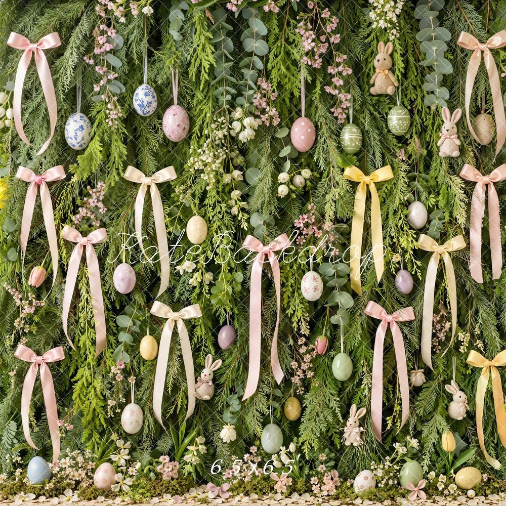 Kate Easter Bow Ribbon Bunny Floral Greenery Egg  Printed Backdrop Designed by Emetselch