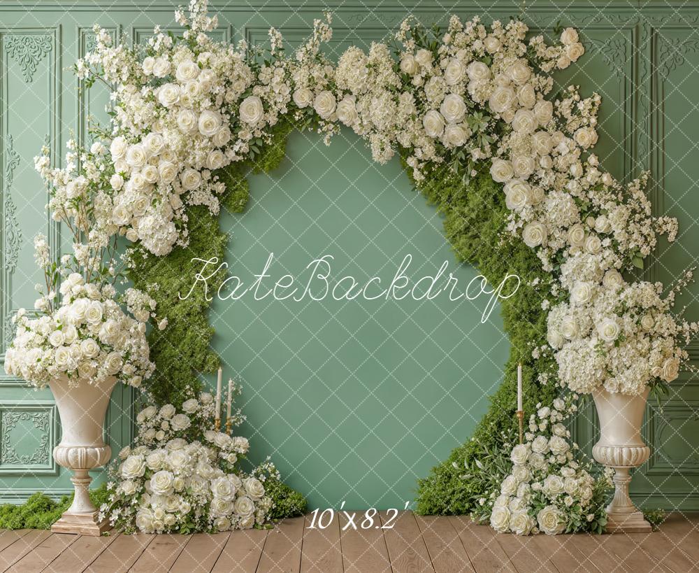 Kate Spring Flower Arch White Roses Green Wall Backdrop Designed by Emetselch
