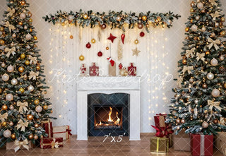 Kate Christmas Fireplace Garland Christmas Trees String Lights Printed Backdrop Designed by Fantasyphotoart
