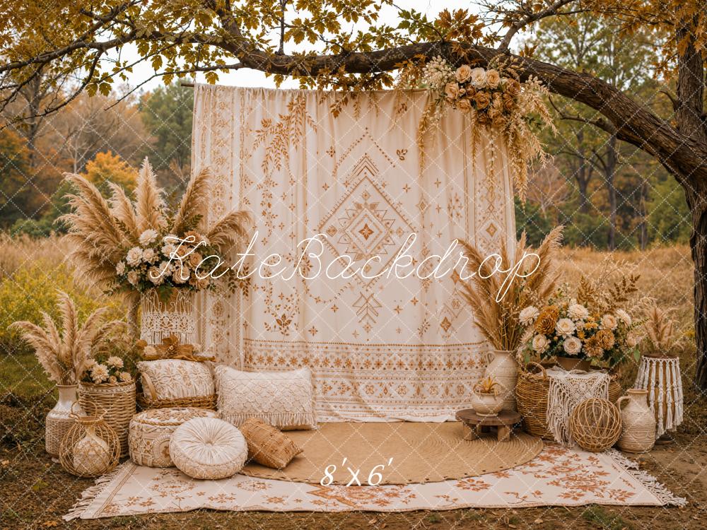 Kate Fall Boho Floral Pampas Grass Branch Arch Printed Backdrop Designed by Emetselch
