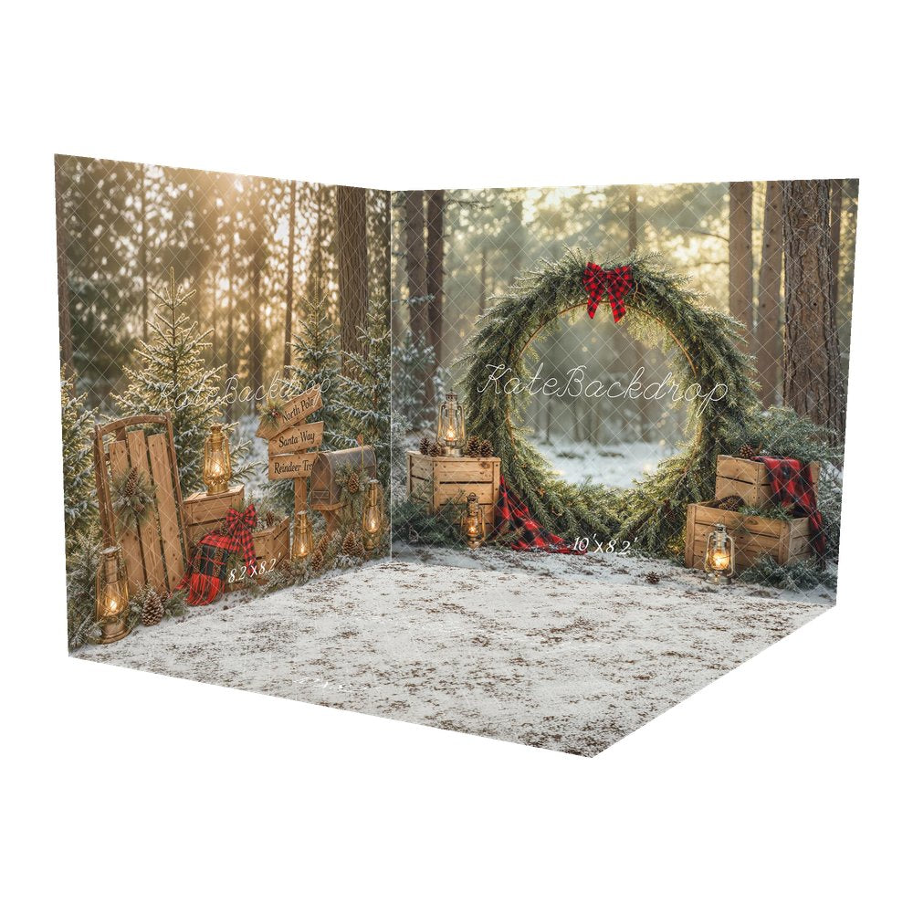 Kate Christmas Greenery Wreath Forest Crates Lanterns Printed Backdrop Room Set