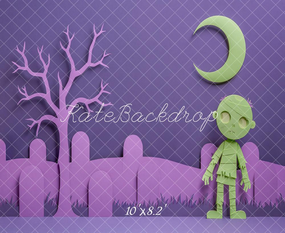 Kate Halloween Purple Graveyard Zombie Crescent Moon Paper Cut Printed Backdrop Designed by Angela Miller