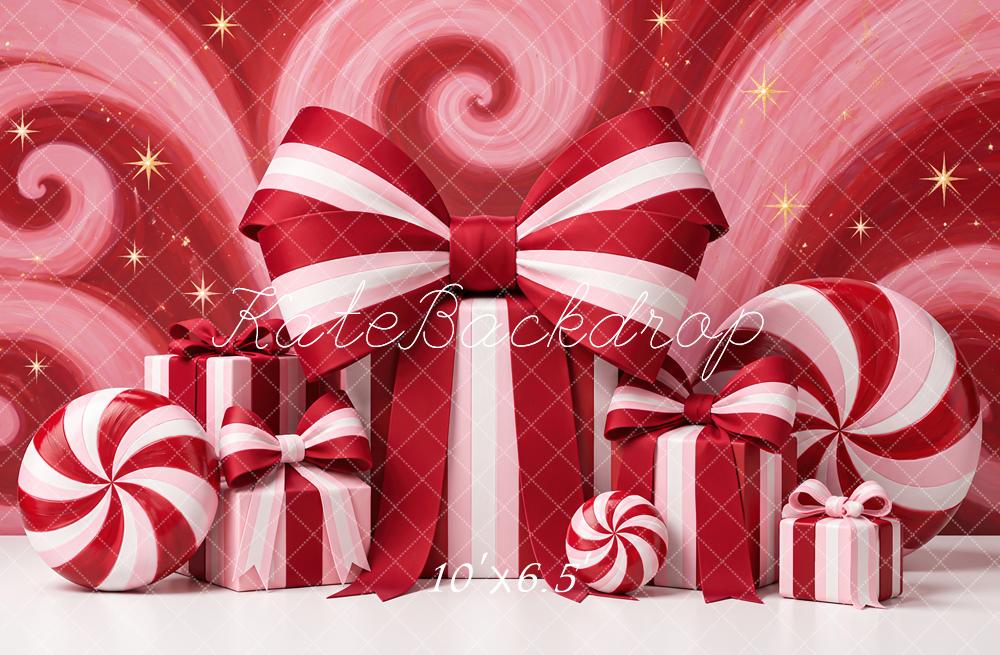Kate Christmas Red Candy Cane Gifts Bow Printed Backdrop Designed by Angela Miller