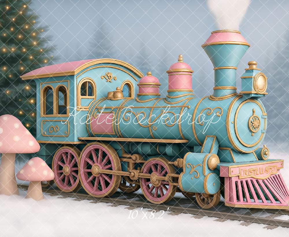 Kate Winter Polar Train Pink Mushroom Snow Backdrop Designed by Ashley Paul