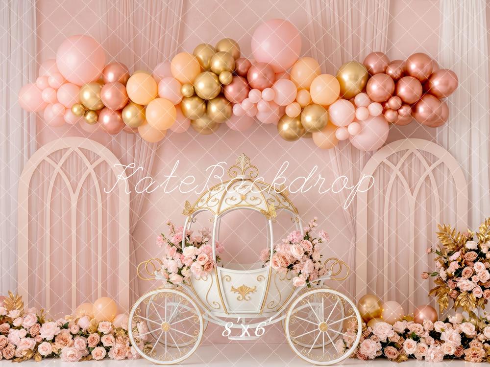 Kate Fairy Fantasy Carriage Pink Gold Balloons Floral Arch Printed Backdrop Designed by Patty Roberts