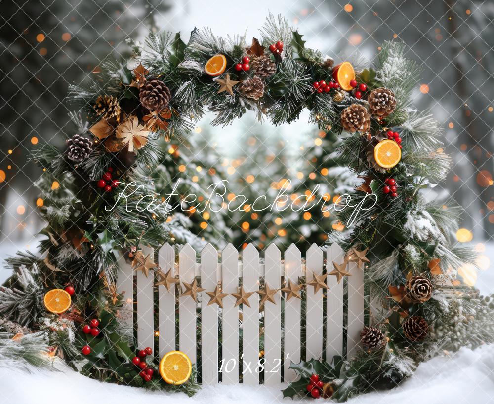 Kate Christmas Arch Winter Snowy Fence Oranges Backdrop Designed by Mini MakeBelieve