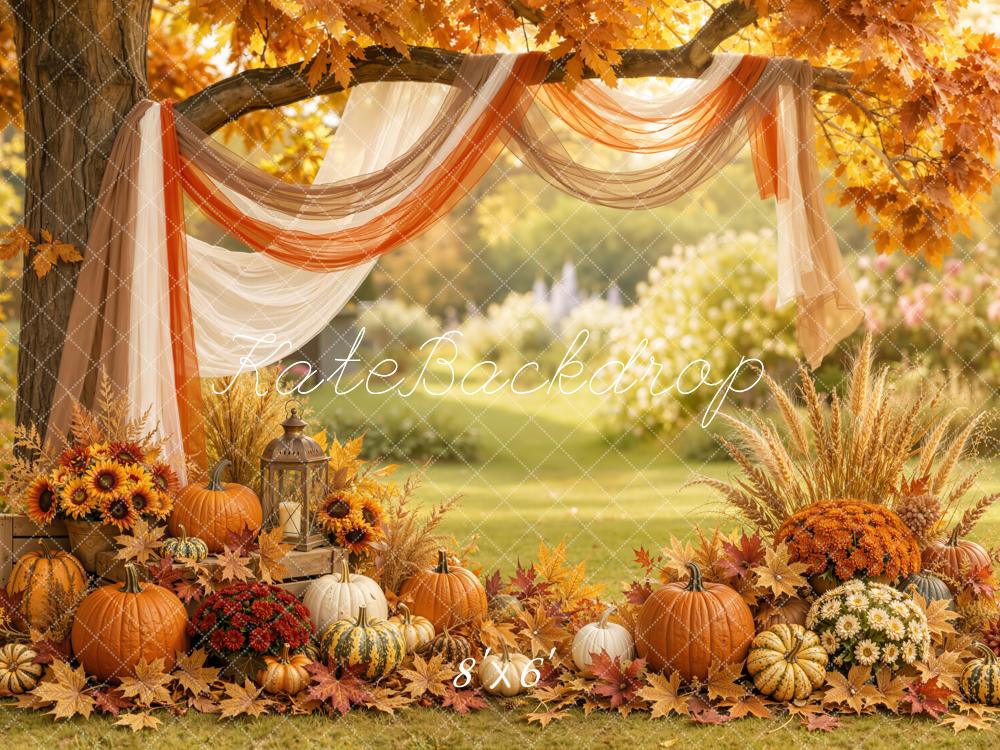 Kate Fall Branch Arch Drapes Pumpkin Floral Outdoor Printed Backdrop Designed by Emetselch