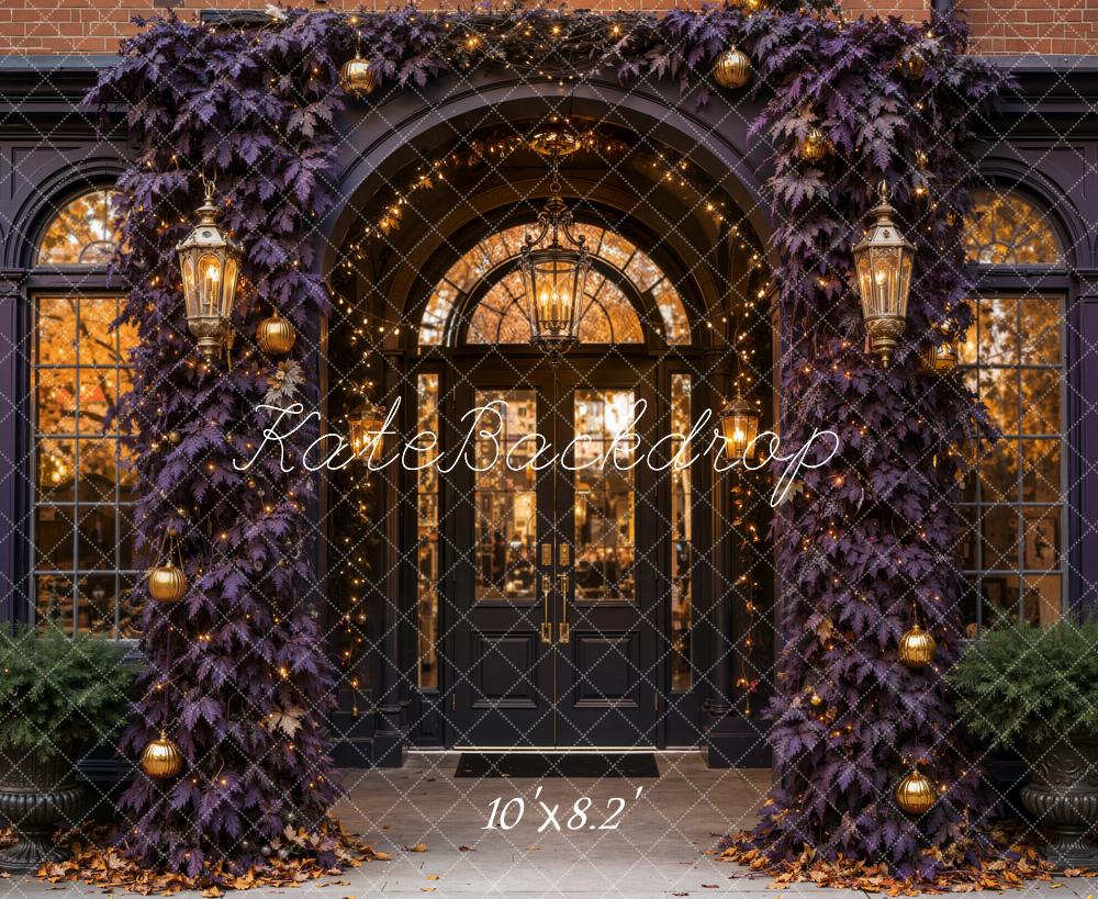 Kate Halloween Dark Purple Leaves Vintage Archway Entrance Printed Backdrop Designed by Emetselch