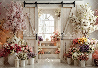 Kate Spring Barn Door Flower Arch Window Blossoms Printed Backdrop Designed by Mini MakeBelieve