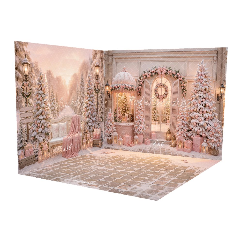 Kate Christmas Shop Pink Snowy Trees Garland Wreath Gift Boxes Printed Backdrop Room Set