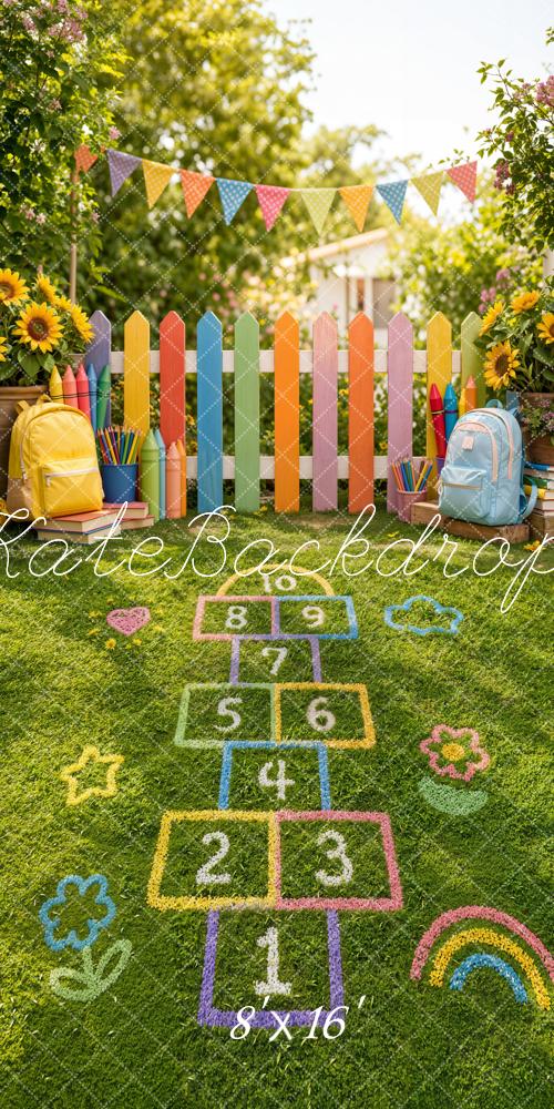 Kate Sweep Back to School Colorful Fence Hopscotch Sunflowers Playground Printed Backdrop Designed by Emetselch