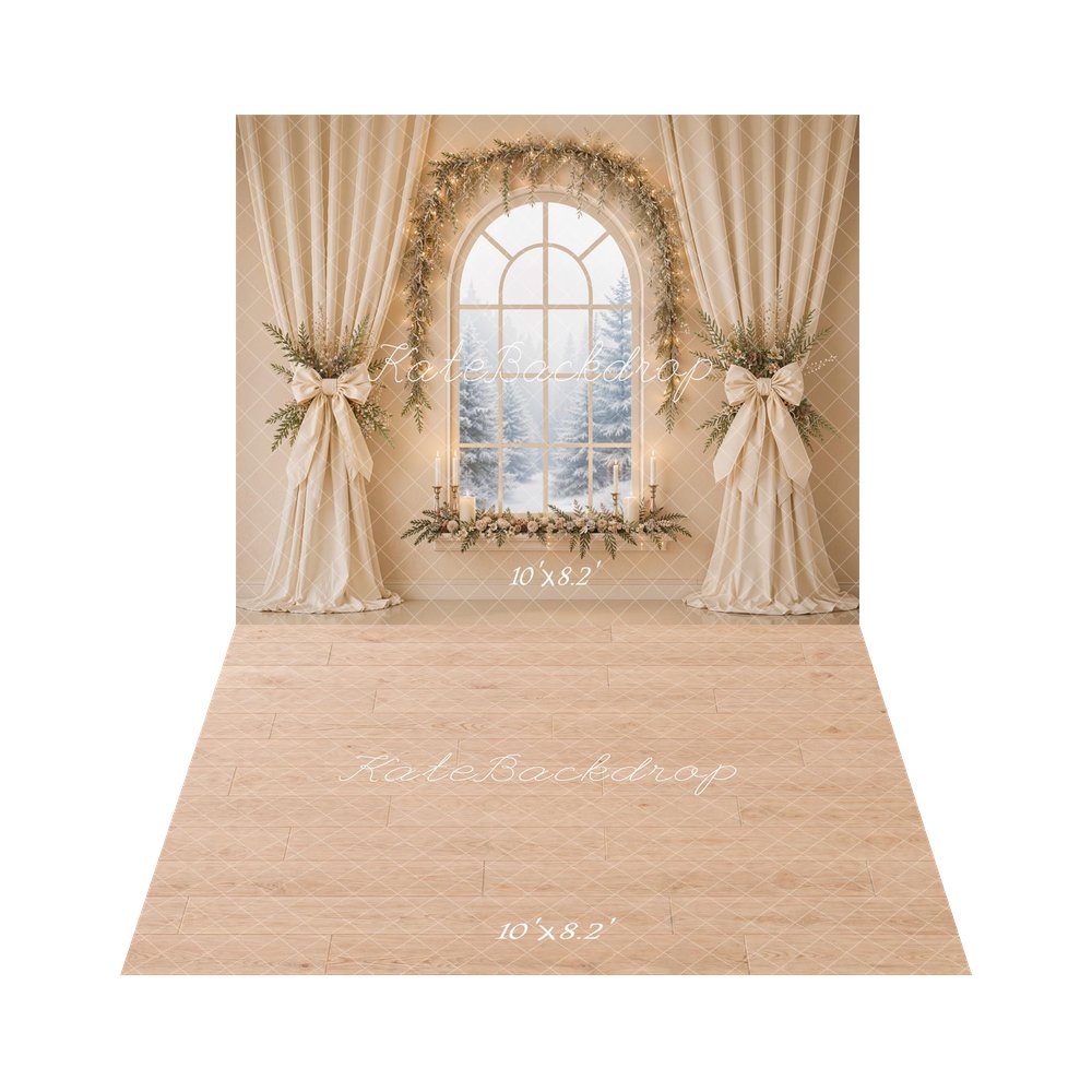 Kate Christmas Floral Window Arch Drapes Printed Backdrop+Light Wood Floor Printed Backdrop