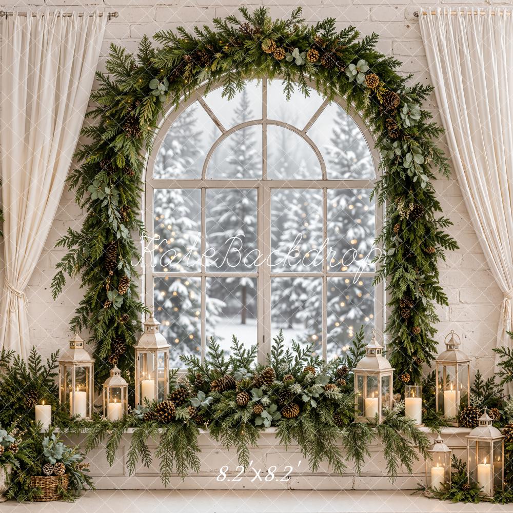 Kate Christmas Evergreen Garland Arched Window Lanterns Printed Backdrop Designed by Emetselch