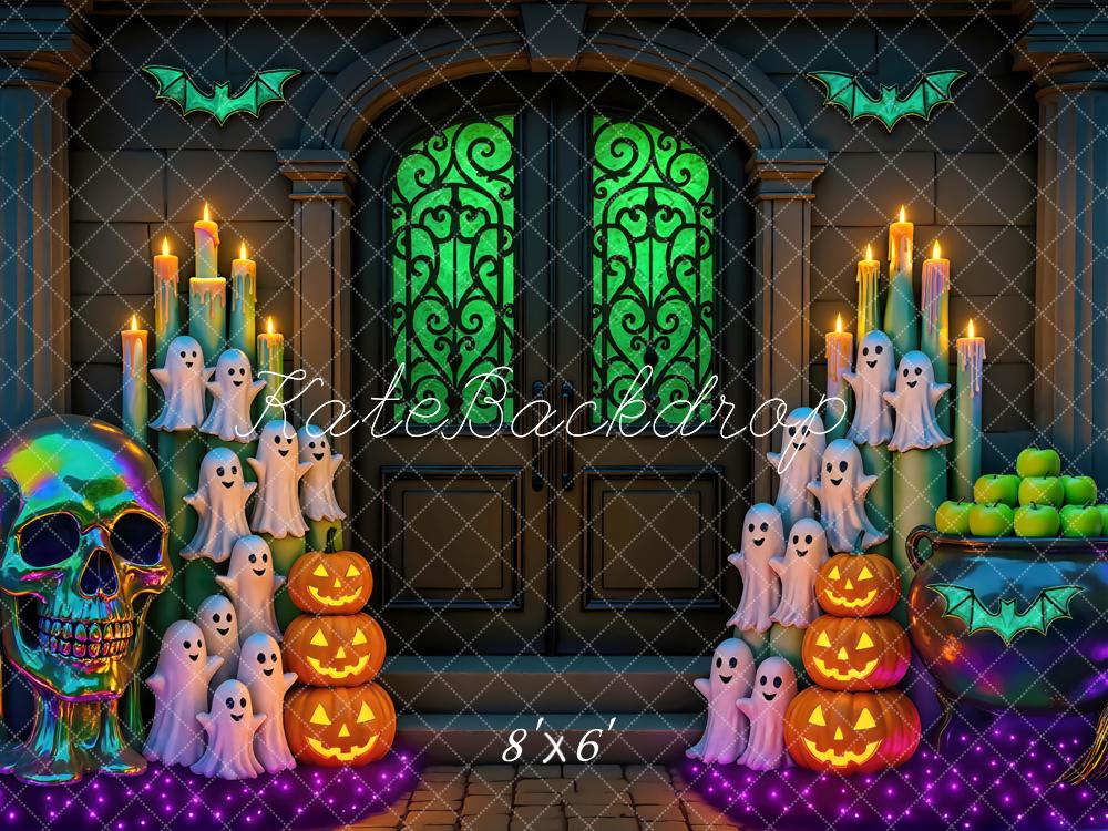 Kate Halloween Door Neon Ghosts Pumpkins Candles Skull Green Printed Backdrop Designed by Mini MakeBelieve