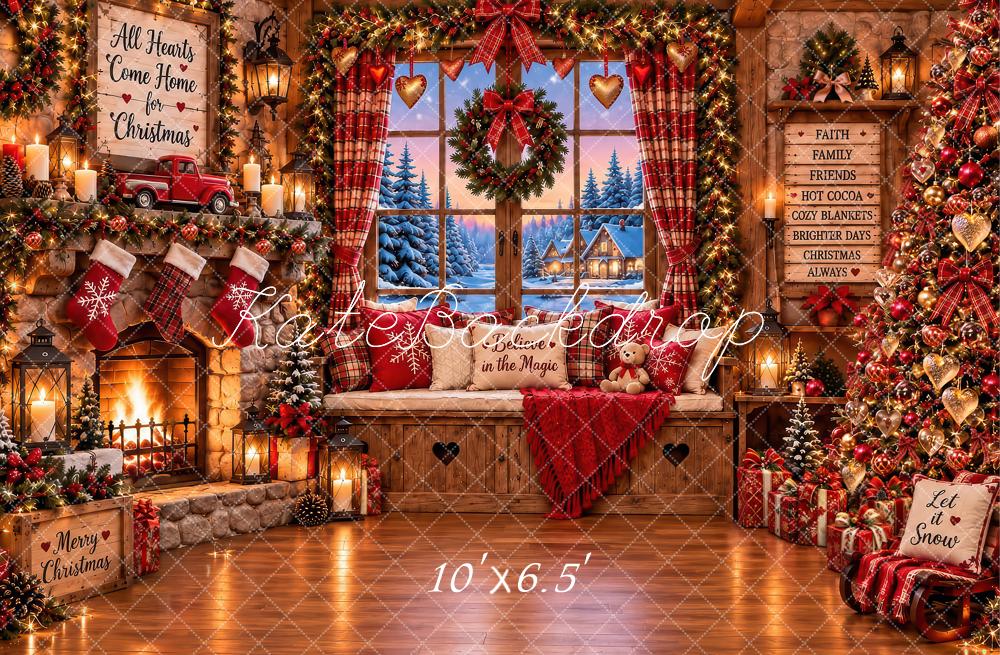 Kate Christmas Rustic Cabin Fireplace Window Wreath Trees Printed Backdrop Designed by Laura Bybee